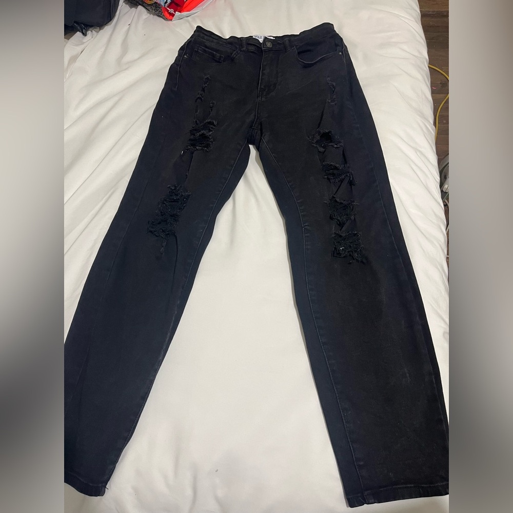 Wax Jean Black Distressed Straight Leg Jeans